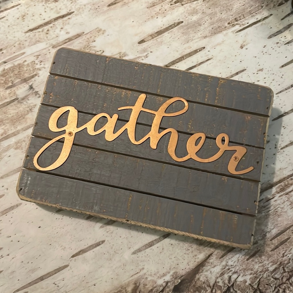 Small Blue Rustic Holiday Gather Sign Gold Cursive Lettering